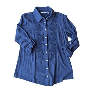 Soft Surroundings Blue Floral Embroidered Cotton Knit Button Down‎ Shirt Small